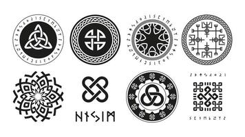 norse runen- logo. Scandinavisch heidens- esoterisch religie symbolen, viking bescherming rune triquetra yggdrasil vegetarisch futhark valknut pictogrammen. vector nordic reeks