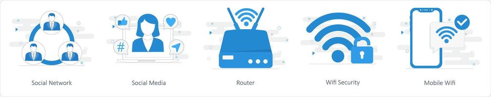 een reeks van 5 mengen pictogrammen net zo sociaal netwerk, sociaal media, router vector