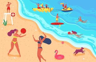 mensen Aan zomer strand Speel met bal Aan zand vector