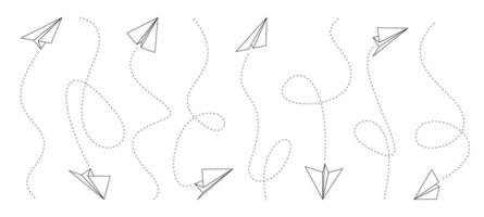 papier vliegtuig lijnen. tekening origami pijlen voor vlucht plan route, gevouwen vliegtuigen met scheutje lijnen. vector verzameling