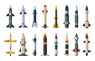 raketten verzameling. leger vliegtuig wapen met kernkop, explosief straalprojectielen ballistisch raket en artillerie projectiel, oorlogstijd leger apparatuur. vector