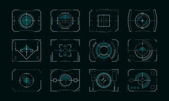 doelwit kader hud ui. futuristische doel aanwijzers met controle paneel grenzen, sci-fi scherm Scherm met het richten dradenkruis voor technologie koppel. vector reeks