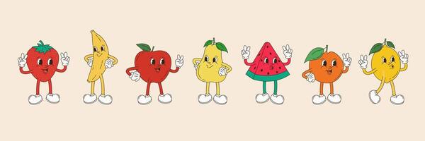 retro tekenfilm karakter fruit set. vector grappig illustratie met banaan, kers, citroen, aardbei, watermeloen