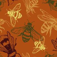 naadloos patroon van vliegend insecten bijen, hommel. hand- getrokken vector illustratie. retro stijl ornament voor ontwerp achtergrond, decor, behang.