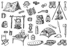 camping doodles verzameling. schetsen reeks van buitenshuis avontuur, wandelen apparatuur, reis levering. vector illustratie geïsoleerd Aan wit.