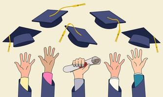 leerling handen het werpen diploma uitreiking hoeden in de lucht. vector illustratie.