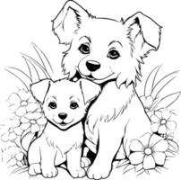 schattig moeder hond en puppy kleur bladzijde tekening voor kinderen vector