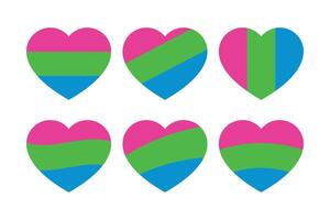 roze, groente, en blauw gekleurde hart pictogrammen, net zo de kleuren van de polyseksueel vlag. lgbtqi concept. vlak ontwerp illustratie. vector