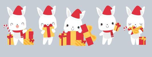 reeks van schattig wit konijn konijn tekenfilm tekens in feestelijk Kerstmis vakantie seizoen concept. vlak vector illustratie.
