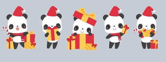 reeks van schattig panda beer tekenfilm tekens in feestelijk Kerstmis vakantie seizoen concept. vlak vector illustratie.