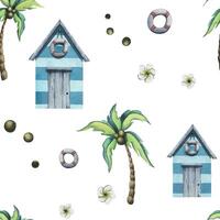 een tropisch eiland met een strand huis, een reddingsboei, kokosnoot handpalmen, bladeren, kokosnoten. waterverf illustratie. naadloos patroon Aan een wit achtergrond. voor kleding stof, textiel, behang, verpakking, covers vector