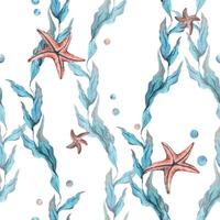 onderwater- wereld clip art met zee dieren, bubbels, zeester en algen. hand- getrokken waterverf illustratie. naadloos patroon Aan een wit achtergrond. vector