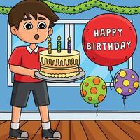 jongen blazen een gelukkig verjaardag taart gekleurde tekenfilm vector