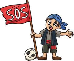 piraat met een Sos vlag tekenfilm gekleurde clip art vector