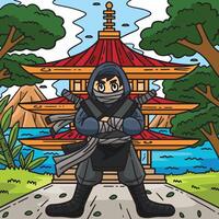 Ninja in voorkant van pagode gekleurde tekenfilm vector