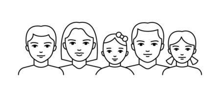 familie ouders met kinderen, lijn icoon. kinderen jongen en meisje met vader en moeder. gelukkig familie. vector schets illustratie