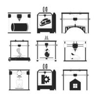 3d gedrukt producten en onderdelen zwart en wit 2d lijn tekenfilm voorwerpen set. additief fabricage machines geïsoleerd vector schets items verzameling. 3d printers monochromatisch vlak plek illustraties