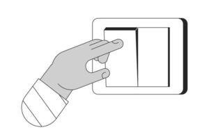 draaien uit licht Aan muur schakelaar tekenfilm menselijk hand- schets illustratie. energie besparing 2d geïsoleerd zwart en wit vector afbeelding. elektriciteit schakelen vinger vlak monochromatisch tekening klem kunst