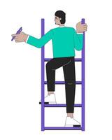 Arabisch Mens beklimming ladder Holding pen 2d lineair tekenfilm karakter. midden- oostelijk vent bril geïsoleerd lijn vector persoon wit achtergrond. in beweging omhoog progressie kleur vlak plek illustratie