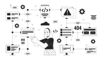 computer netwerk zwart en wit 2d illustratie concept. software ingenieur werken met digitaal gegevens tekenfilm schets karakter geïsoleerd Aan wit. software ontwikkeling metafoor monochroom vector kunst