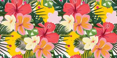 naadloos bloemen patroon met palm bladeren, monster, hibiscus en frangipani vector