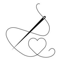 snijdend naaien logo, naald- draad hart een lijn, naaien werkplaats vector
