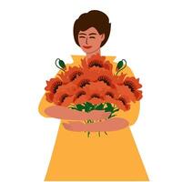 glimlachen jong vrouw met een boeket van rood papavers. Internationale vrouwen dag, moeder dag. vector tekenfilm illustratie