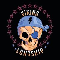 viking langschip. piraat schedel t-shirt ontwerp met een oog lap en blikseminslag symbool Aan een zwart achtergrond. vector