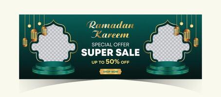 Ramadan kareem web achtergrond super uitverkoop banier met podium voor Scherm van Product. Ramadan mega groot uitverkoop Promotie poster en sociaal media na. Islamitisch speciaal aanbod Promotie banier ontwerp sjabloon vector