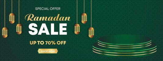 Ramadan kareem super uitverkoop web banier achtergrond met podium voor Scherm van Product. Ramadan groot uitverkoop Promotie poster en sociaal media na. Islamitisch speciaal aanbod Promotie banier ontwerp sjabloon vector