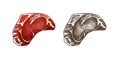 biologisch voedsel. hand getekend gekleurde en monochroom vector schetsen van rundvlees steak, stuk van vlees. tekening wijnoogst illustratie. decoraties voor de menu van cafés. gegraveerde afbeelding.