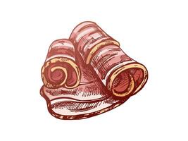 hand getekend gekleurde vector schetsen van Hamon of varkensvlees vlees, ham plak. Italiaans prosciutto wijnoogst schetsen. slager winkel. Super goed voor label, restaurant menu. gegraveerde afbeelding.