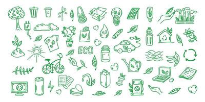 reeks van ecologie. hand getekend tekening vector illustratie. ecologie probleem, recycling en groen energie pictogrammen. milieu symbolen.