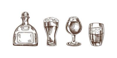 een reeks van hand getekend schetsen van alcohol drankjes. vector illustratie in wijnoogst stijl. dranken. mooi zo voor de menu.