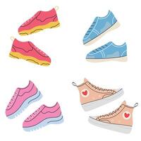 vector reeks van tekenfilm sportschoenen en sportschoenen, groep van paren van sport- schoenen, kleurrijk sportschoenen, modieus sport- schoenen
