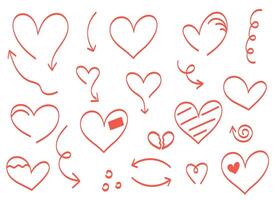 hart tekening set, hand- getrokken decoratief elementen, tekening hart pijlen, hart vector clip art