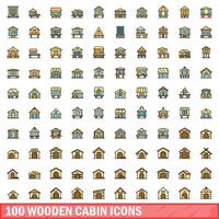 100 houten cabine pictogrammen set, kleur lijn stijl vector
