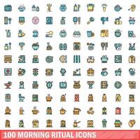 100 ochtend- ritueel pictogrammen set, kleur lijn stijl vector
