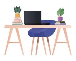 bureau met laptop boeken planten en stoel vector design