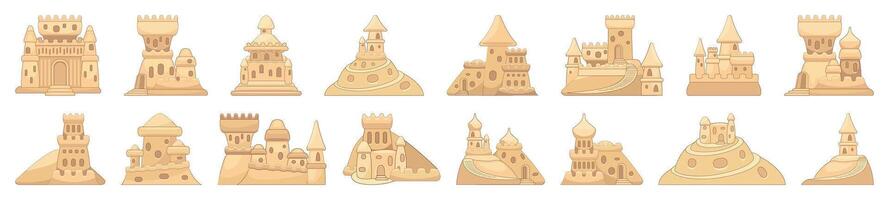 kasteel zand pictogrammen reeks tekenfilm vector. strand speelgoed- kinderjaren vector