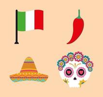 Mexicaanse vlag chili hoed en schedel hoofd vector ontwerp