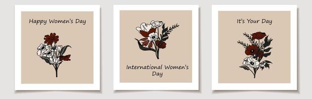 Internationale vrouwen dag. een reeks van groet kaarten met kleurrijk van boeketten. modieus botanisch elementen vector