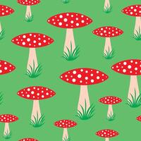 vector naadloos patroon met hand- getrokken tekenfilm vlak champignons Aan groen achtergrond.