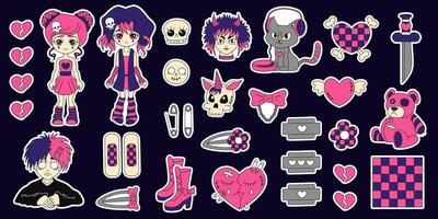 y2k emo zwart roze stickers set. meisje, jongen, kawaii beer, hart, tatoeëren en andere elementen in modieus emo goth jaren 2000 stijl. vector hand- getrokken. jaren 90, 00s stijlvol.