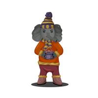 karakter ontwerp. olifant met een geschenk in winter kleren. ansichtkaart. vector illustratie in tekenfilm stijl