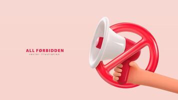 verbod vector illustratie. aandacht van waarschuwing, Gevaar, nep nieuws of veiligheid voorzichtigheid informatie. verbod van vergaderingen, referendum, stakingen en protesten. menselijk hand- Holding rood luidspreker