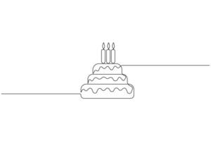 doorlopend een lijn kunst tekening van verjaardag taart met room, kaars verjaardag partij symbool van viering vector