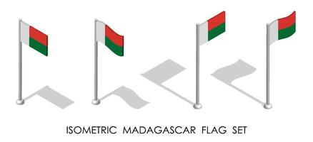 isometrische vlag van Madagascar in statisch positie en in beweging Aan vlaggenmast. 3d vector