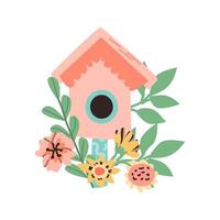 hand- getrokken roze vogel huis in bloem en Afdeling achtergrond. vector illustratie kan gebruikt voor voorjaar of zomer kaart, voor decor. schattig vogelhuisje en boeket.