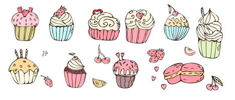 tekening cupcakes en bitterkoekjes met room, zoet voedsel groot set. vector illustratie kan gebruikt voor bakkerij achtergrond, uitnodiging kaart, poster, textiel, banier, groet kaart, uitnodiging kaart, bakkerij ontwerp